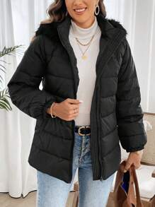 EMERY ROSE Women's Winter Warm Zip-Up Patchwork Fluffy Hooded Jacket