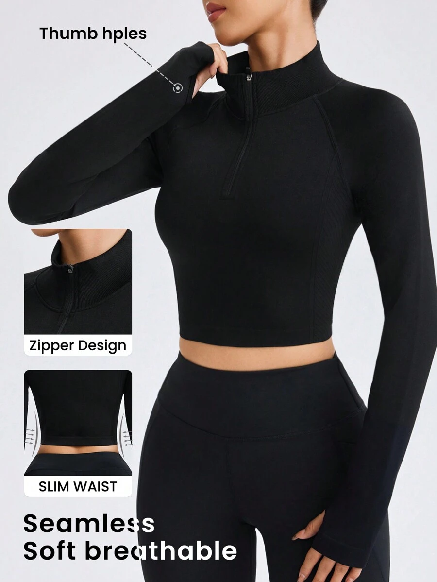 Gameset SHEIN Sport Seamless Cropped Mock Neck Thumbhole Workout Sweatshirt In Black - Black - View 1