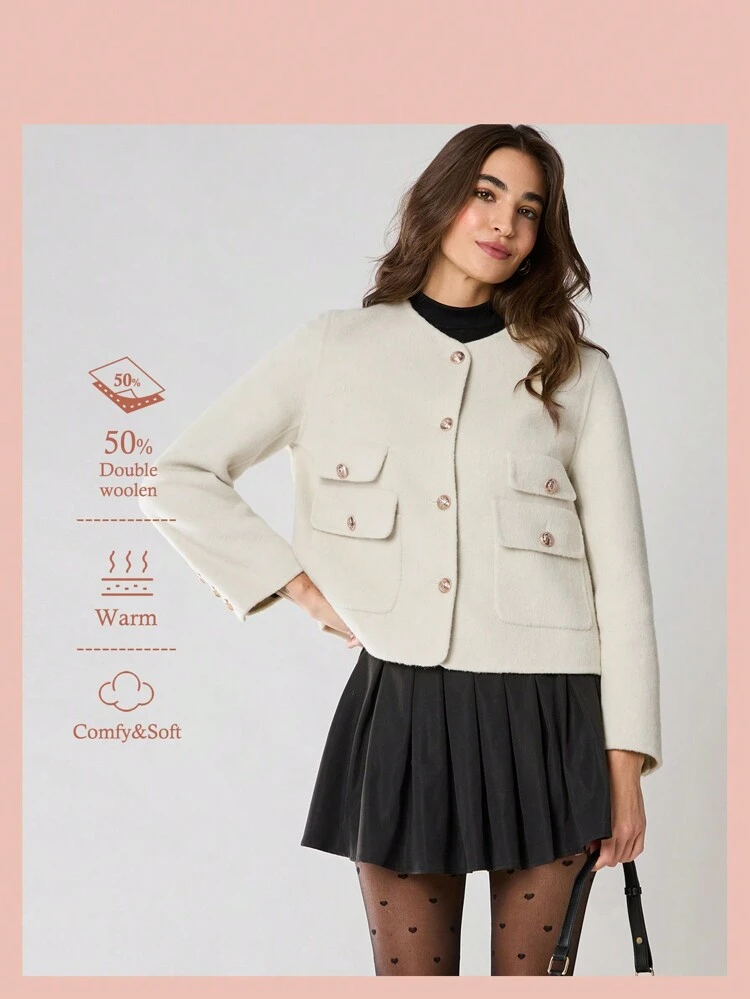 New Autumn Winter Products, Women's Autumn & Winter Solid Color Pocket Decoration Single Breasted Long Sleeve  Elegant Double-Sided   Blend  Coat, Fall Winter Women's Clothing, Fall Women Outfits, Cold Weather Clothes, Winter Clothes, Christmas Women Clothes