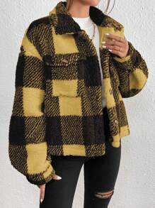 SHEIN EZwear Damen Knopfverschluss Langarm Karojakke mit Taschen, lässiger Alltagsgebrauch im Herbst/Winter