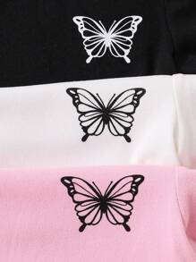 6 stuks/set meisjes en peuters ronde hals gebreide vlinder print T-shirt en legging set, geschikt voor casual dagelijks gebruik