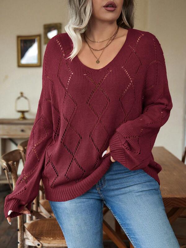Calvaya Plus Size Women V-Neck Solid Color Hollow Out Long Sleeve Sweater, Autumn/Winter Knit Pullover Fall Outfit