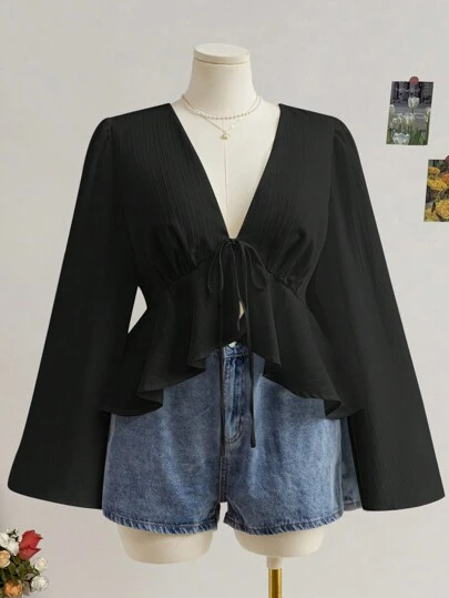 Soleia Women Plus Size V-Neck White Textured Long Sleeve Ruffle Hem Shirt, Suitable For Back To School & Vacation In Early Autumn