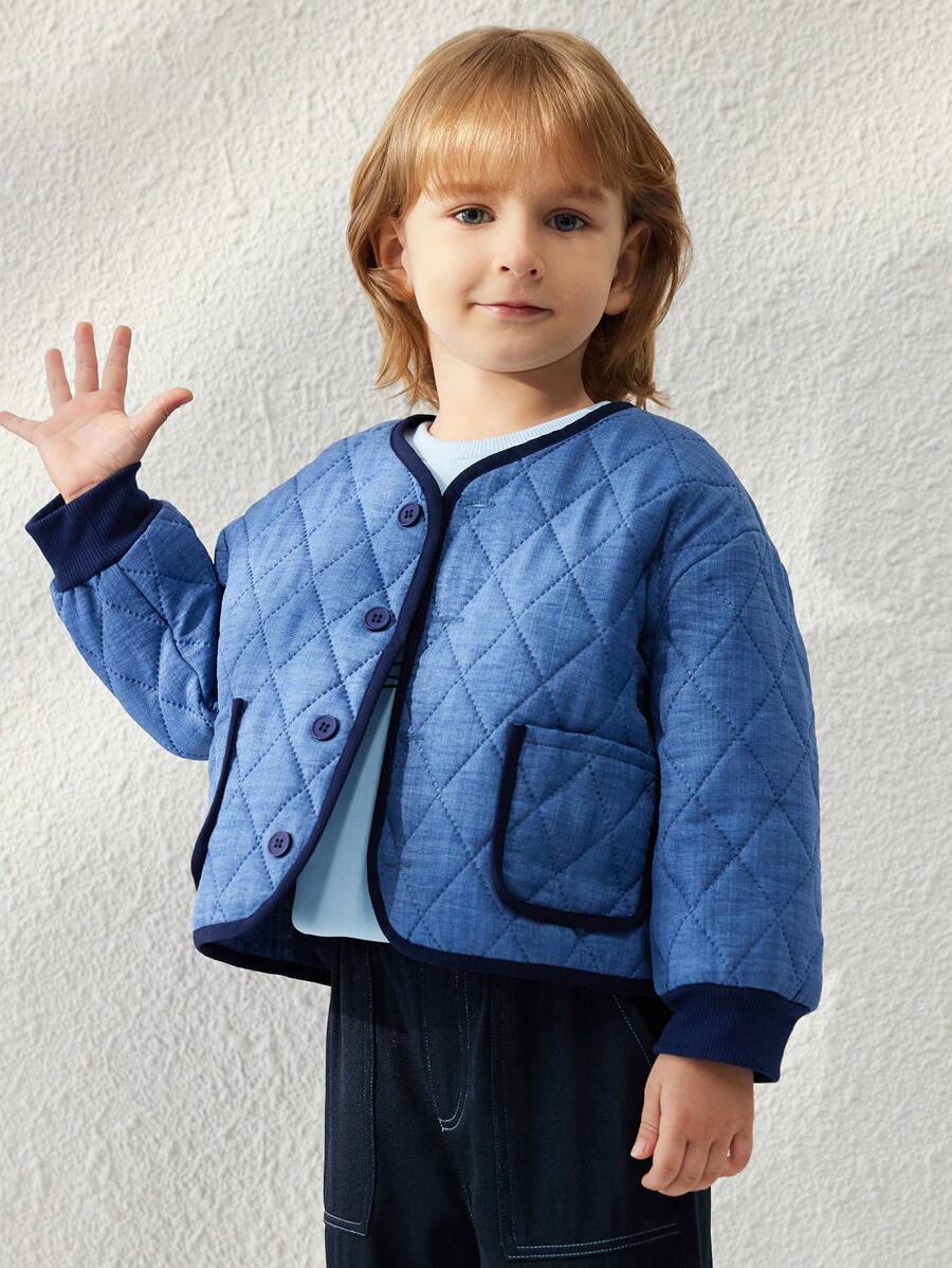 Blossori Young Boys' Elegant French Design Loose Fit Collarless Single-Breasted Jacket, Blue, Autumn/Winter - Blue - View 1