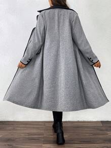 SHEIN LUNE Plus Size 1pc Women Long Coat With Contrasting Ribbon Trim, Winter - Grey - View 2