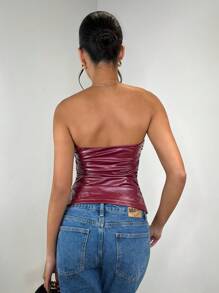 SHEIN BAE Women's Burgundy Solid Color Retro PU Artificial Leather Fashionable High Street And Versatile, Suitable For All Kinds Of Parties, Sexy Off-Shoulder Pleated Pleated Tube Top, Burgundy Top,Winter Women Tops,Christmas Women Clothes,Christmas Top/Angola Top