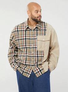 Manfinity VCAY Plus Size Men Loose Brushed Plaid Patchwork Long Sleeve Shirt