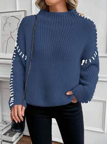SHEIN LUNE 秋冬新款漏斗领宽松休闲长袖套头毛衣针织衫 - 藏蓝色 - 查看 3