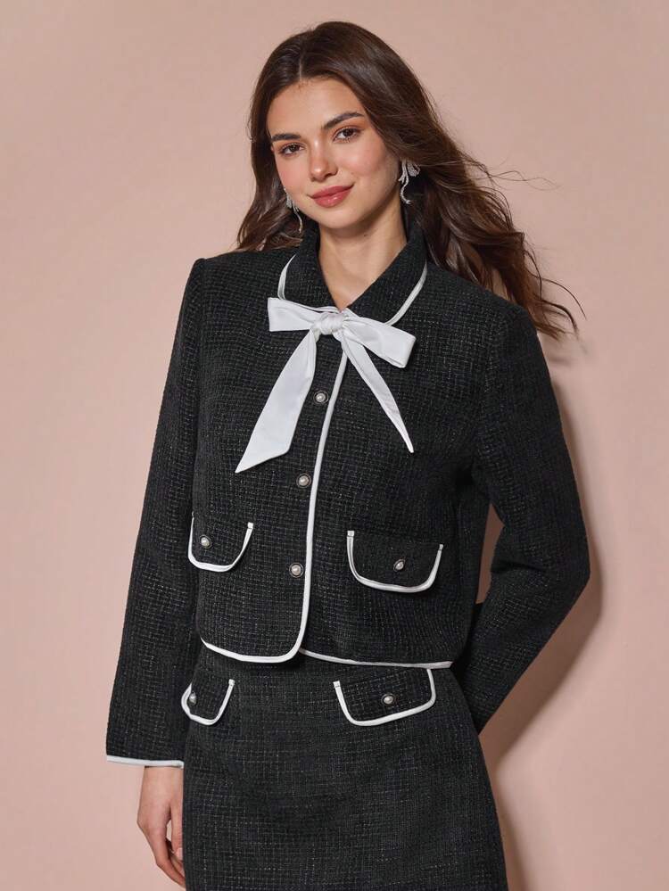 Enchnt Romantic And Cute French Tweed Color-Blocked Bow-Decorated Long-Sleeved Autumn Jacket, A Must-Have Item For Autumn