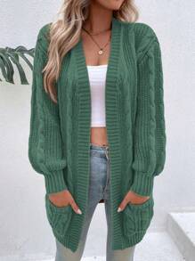 SHEIN LUNE 女式纯色落肩长袖休闲开衫，秋冬 - 墨綠色 - 查看 3