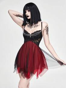ROMWE Goth 女式哥特式珍珠十字撞色双层薄纱下摆性感内衣套装 - 黑色 - 查看 4