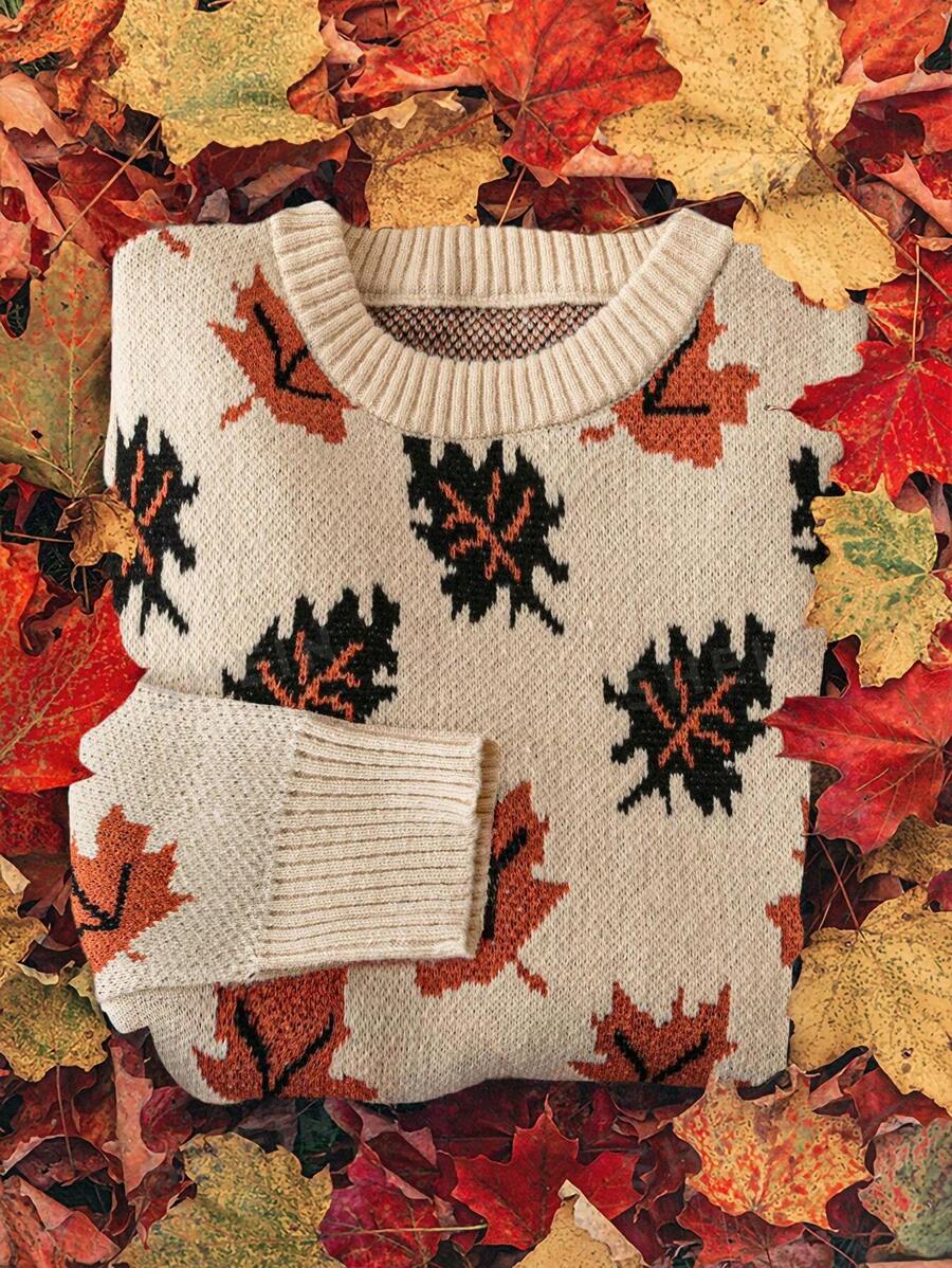 SHEIN LUNE Suéter de cuello redondo de manga larga con patrón de hoja de arce para mujer de talla grande, ropa adecuada para el Día de Acción de Gracias en otoño e invierno