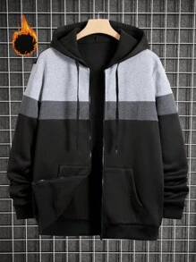 Manfinity RelaxMax 男士休闲双色落肩宽松拉链抽绳连帽运动衫，保暖内衬，适合秋冬季 - 黑色 - 查看 1