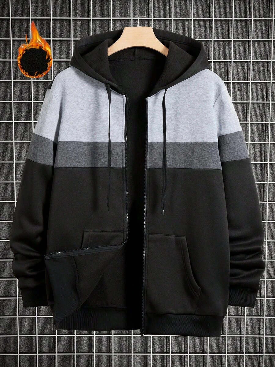 Manfinity RelaxMax 男士休闲双色落肩宽松拉链抽绳连帽运动衫，保暖内衬，适合秋冬季 - 黑色 - 查看 1