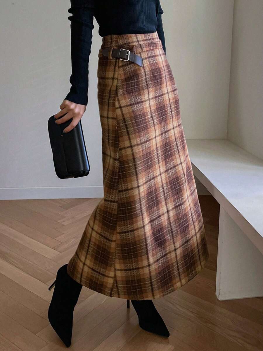 DAZY Chân váy maxi kẻ caro nữ mùa thu/đông, kiểu dáng thường ngày. - Nhiều màu - Xem 1