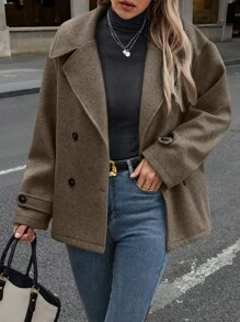 EMERY ROSE Women's Casual Everyday Stand Collar Double Breasted Overcoat, Autumn Fall Winter Cloth For Women