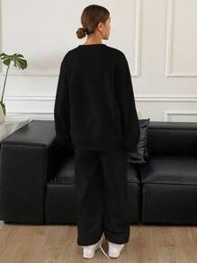 DAZY 女士休闲宽松套装两件套，新款秋季系列女士家居服套装 - 黑色 - 查看 2