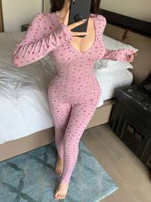 DAZY Ditsy Floral Deep V-Neck Long Sleeve Top And Skinny Pants Pajama Set, Fall Winter Clothes - Pink - View 3