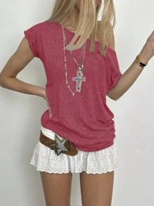INAWLY 1st Dam Enkel Enfärgad T-shirt med asymmetrisk krage, Casual Grafiska T-shirts Dam Toppar - Röd - Visa 4