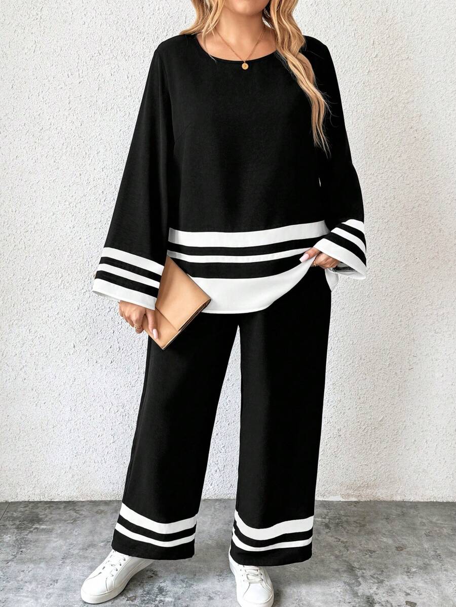 EMERY ROSE 2pcs Plus Size Women's Casual Striped Crew Neck Long Sleeve Top & Pants Colorblock Outfit, Autumn Fall Cloth For Women - Black and White - View 1