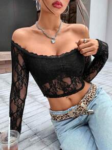 INAWLY Women's Off-Shoulder Long Sleeve Lace Cropped Tight-Fitting Sexy T-Shirt, Spring And Summer - Black - View 4