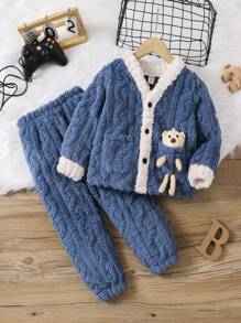 SHEIN Bộ đồ ngủ 2 món cho bé trai thu/đông thường ngày phối màu cổ gấu dễ thương trang trí áo dài tay và quần nỉ san hô dệt tổ ong mềm mại thoải mái hai mặt - Màu xanh hải quân - Xem 1