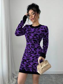 Elenzga Women Casual Leopard Print Backless Long Sleeve Wrap Dress