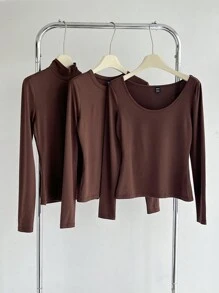 SHEIN BASICS 3 件套休闲纯色针织长袖修身女式 T 恤 - 摩卡棕 - 查看 5