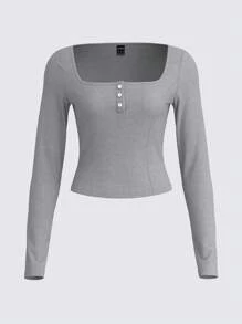 SHEIN BASICS Casual Solid Color Scoop Neck Cropped Fitted T-Shirt For Women
