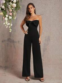 L'Amorae 别致的双色连体裤搭配黑色蝴蝶结上衣和白色阔腿裤 - 黑色 - 查看 1