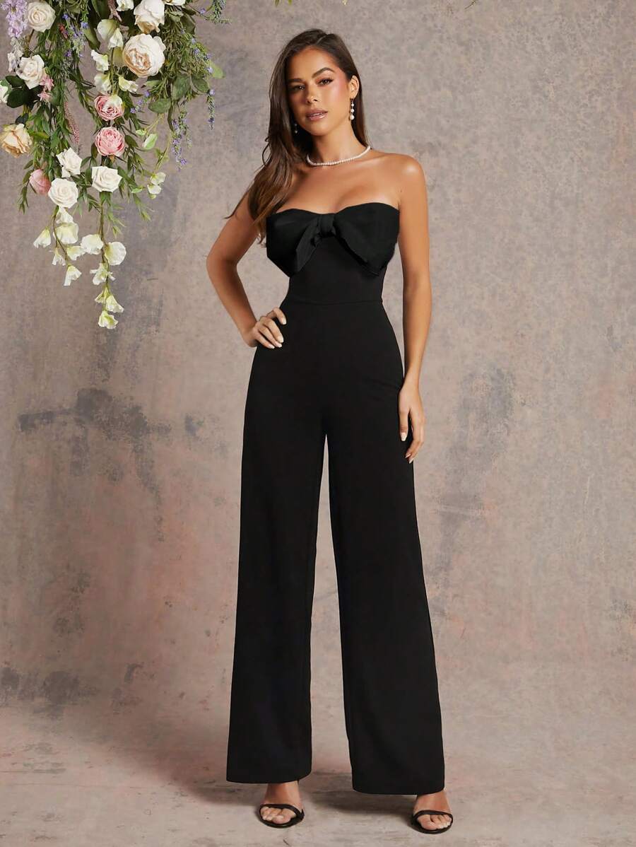 L'Amorae 别致的双色连体裤搭配黑色蝴蝶结上衣和白色阔腿裤 - 黑色 - 查看 1