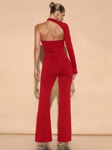 SHEIN BAE Elegant Women's Asymmetric Neckline Oblique Shoulder Flared Jumpsuit, Daily, Dating, Club, Party Outfit, Autumn - Red - View 2