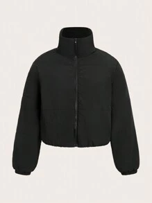 SHEIN EZwear Plus Size Solid Color Funnel Neck Zip-Up Long Sleeve Padded Coat, Winter - Black - View 1