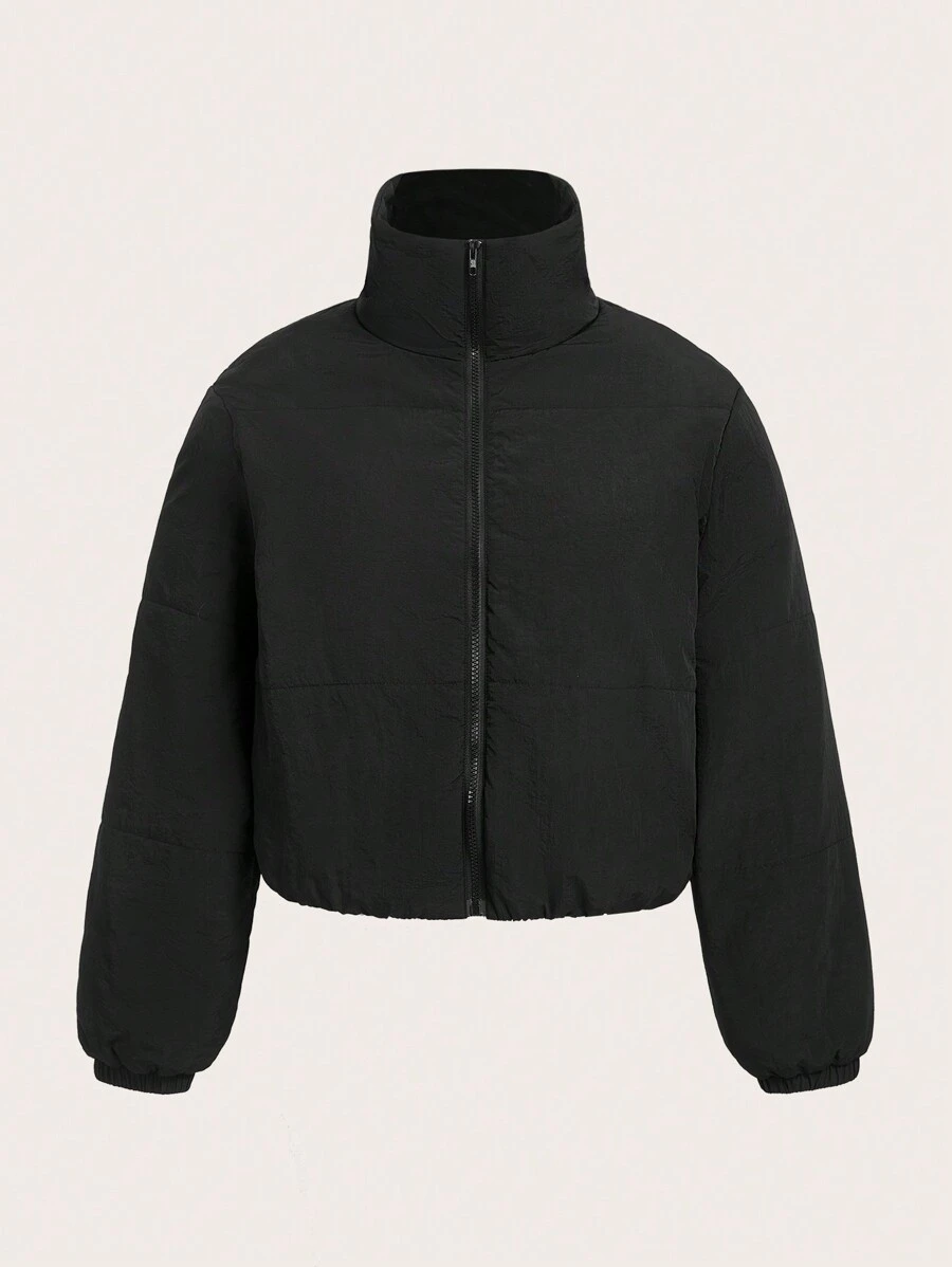 SHEIN EZwear Plus Size Solid Color Funnel Neck Zip-Up Long Sleeve Padded Coat, Winter - Black - View 1