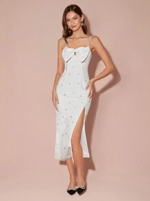 Enchnt Đầm suông hở vai không tay đính nơ kim cương cho nữ - trắng - Xem 4