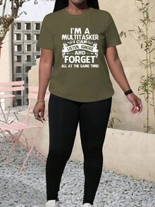 SHEIN LUNE Bộ 2 áo thun cổ tròn tay ngắn bó sát thường ngày có họa tiết đồ họa và quần legging, size lớn, xuân/hè - xanh quân đội - Xem 3