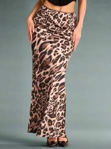 SHEIN BAE 女士低腰豹纹腰带拼接蕾丝蝴蝶结装饰缎面优雅长款冬裙，圣诞服装，圣诞装，冬季女裙 - 摩卡棕 - 查看 4