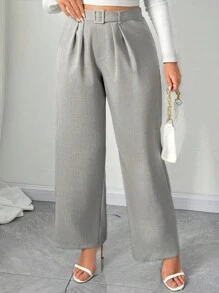 Franclia 大码休闲和工作纯色褶皱直筒裤 - 灰色 - 查看 5