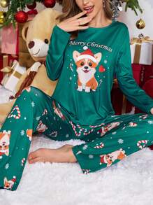 Christmas Cartoon Dog Pattern Women Pajama Set, Fall Winter Clothes - Green - View 1