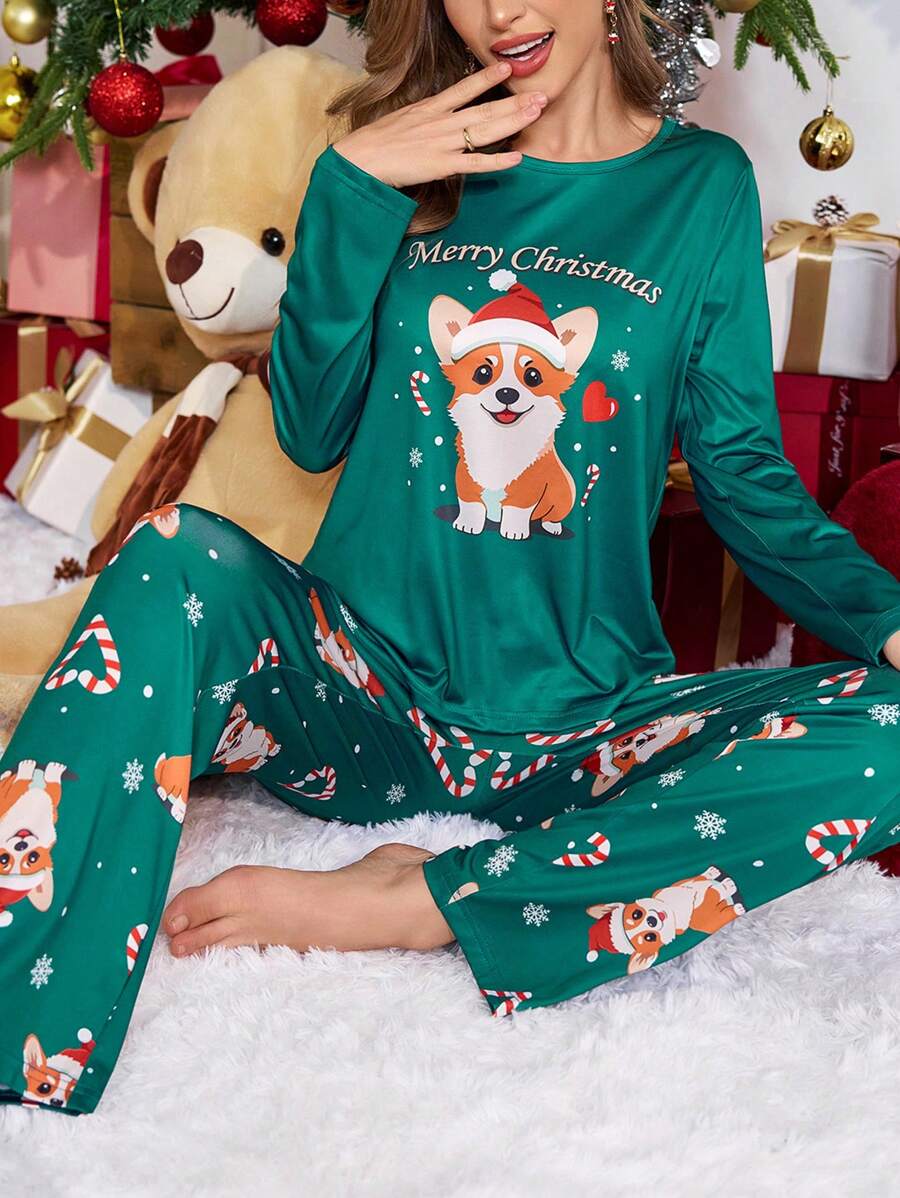 Christmas Cartoon Dog Pattern Women Pajama Set, Fall Winter Clothes - Green - View 1