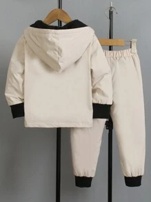 Young Boy Textured Soft-Lined Jacket And Fleece Pants Set, Suitable For 4-7 Years Old Boys In Winter, Fall And Spring Outdoor, School And Home Wear - Apricot - View 2