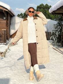 SHEIN EZwear 大码女式中长款灯芯绒拼布加厚外套，适合秋冬季的衣服 - 卡其色 - 查看 6