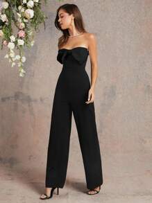 L'Amorae 别致的双色连体裤搭配黑色蝴蝶结上衣和白色阔腿裤 - 黑色 - 查看 5