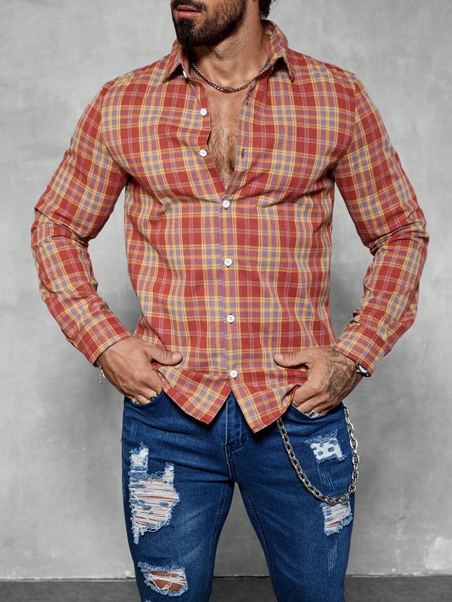 Manfinity Homme 男士纯色长袖衬衫，圣诞节 - 彩色 - 查看 1