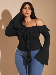 SHEIN BAE Plus Size Women's Black Asymmetrical Neck Ruffled Neckline Flared Long-Sleeved Spaghetti Strap Top Suitable For Commuting And Sweet Dating Outfit Plus Size Fall Clothesoing Out Spaghetti Strap Tops Women Long Sleeve Plus Size Shirts Women Long Sleeve Spaghetti Strap Top Christmas Women Clothes Thanksgiving Shirt Women Plus Clothing Christmas Women Plus Clothing Fall Plus Size Teacher Ladies Christmas Spaghetti Strap Top Business Casual Woman