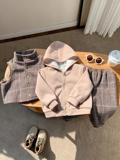 SHEIN Leap Crew 3 件套男童/女童休闲运动风格落肩宽松连帽衫、羊毛背心和羊毛慢跑裤 3 件套服装，适合秋冬季，居家或户外穿着