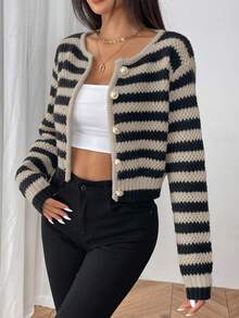 SHEIN PETITE 女士休闲日常条纹纽扣前开衫，秋冬 - 摩卡棕 - 查看 3