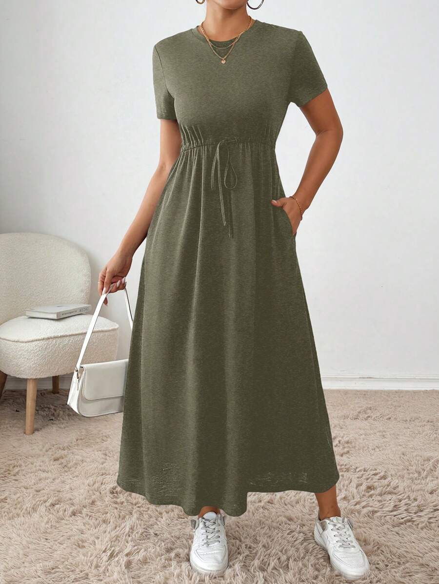SHEIN Essnce Đầm mini tay ngắn họa tiết túi trơn màu đơn giản cho nữ - xanh quân đội - Xem 1