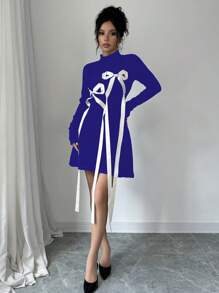 Elenzga Women's Cinched Waist Knit Sweater Dress Fall Cloth For Women - Blue - View 4