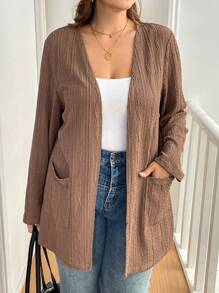 SHEIN Essnce 大码女装秋冬新款时尚优雅网红街拍百搭休闲通勤商务工作多件装2件装黑棕色长袖开衫外套口袋夹克针织外套 - 彩色 - 查看 5